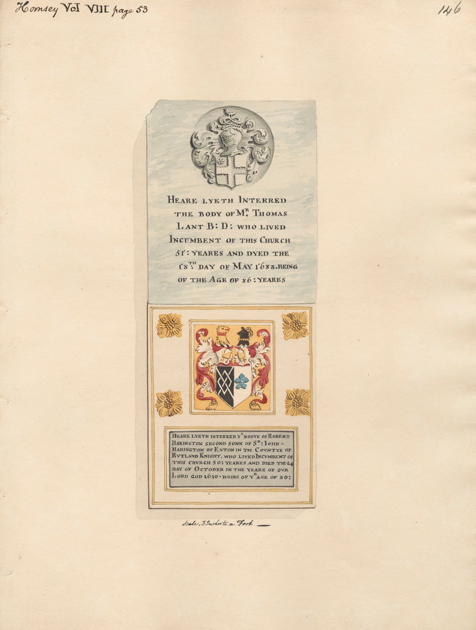 Memorial to Thomas Lant and Robert Harington from Hornsey Church by Daniel Lysons