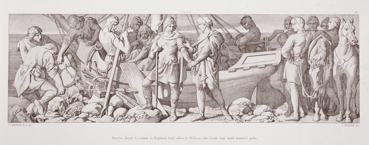 Harold, about to return to England, bids adieu to William, who loads him with farewell gifts, from 