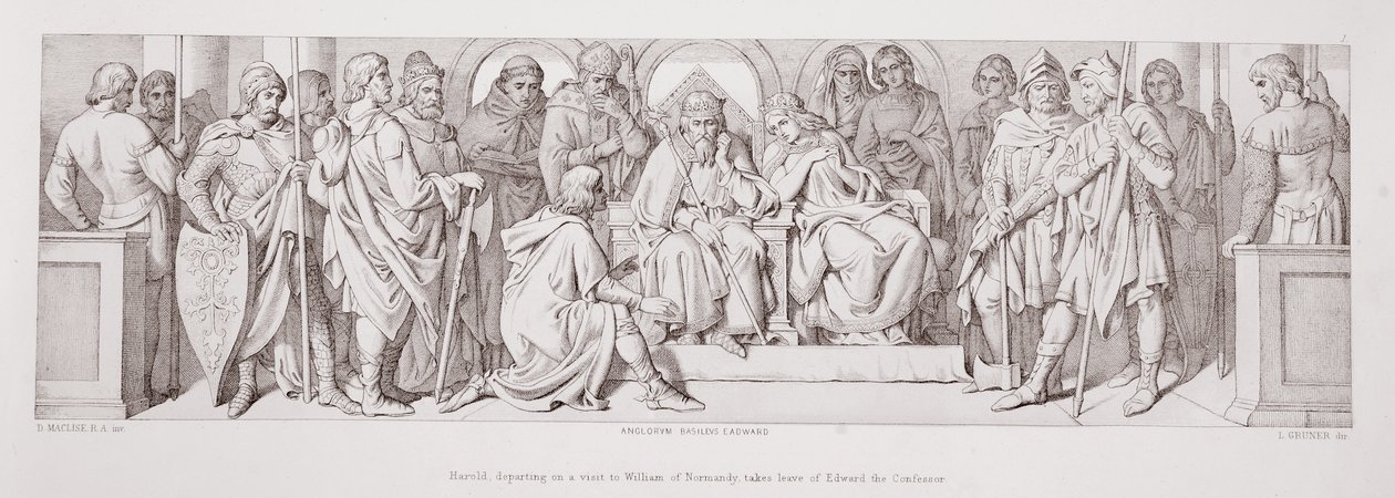 Harold, departing on a visit to William of Normandy, takes leave of Edward the Confessor, from 
