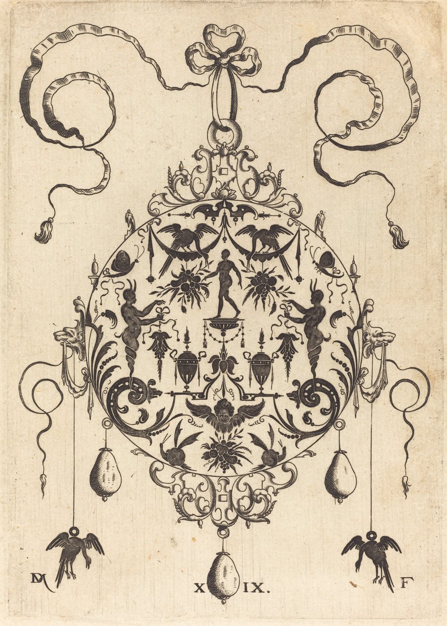 Large Pendant, In Circular Form, Nude Man Flanked by Two Herms by Daniel Mignot