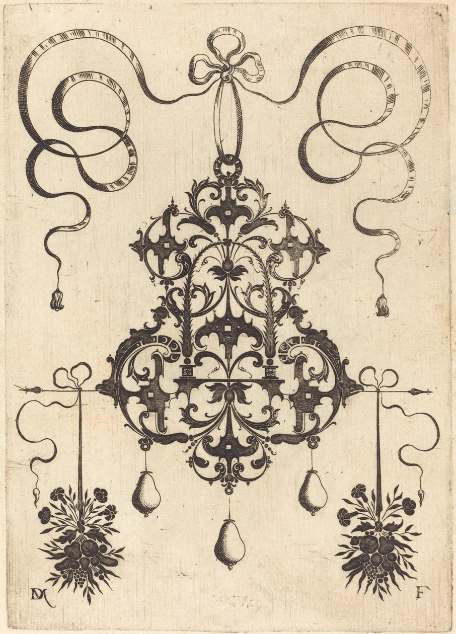 Large Pendant, Lower Left and Right Two Bunches of Grass, Flowers, and Fruit by Daniel Mignot