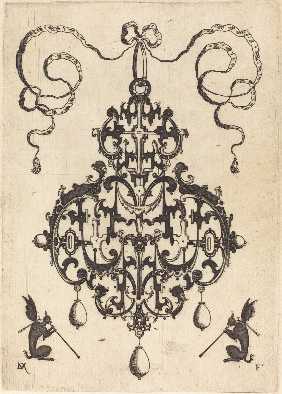 Large Pendant, Two Winged Fantasy Creatures with Trumpets at Bottom by Daniel Mignot