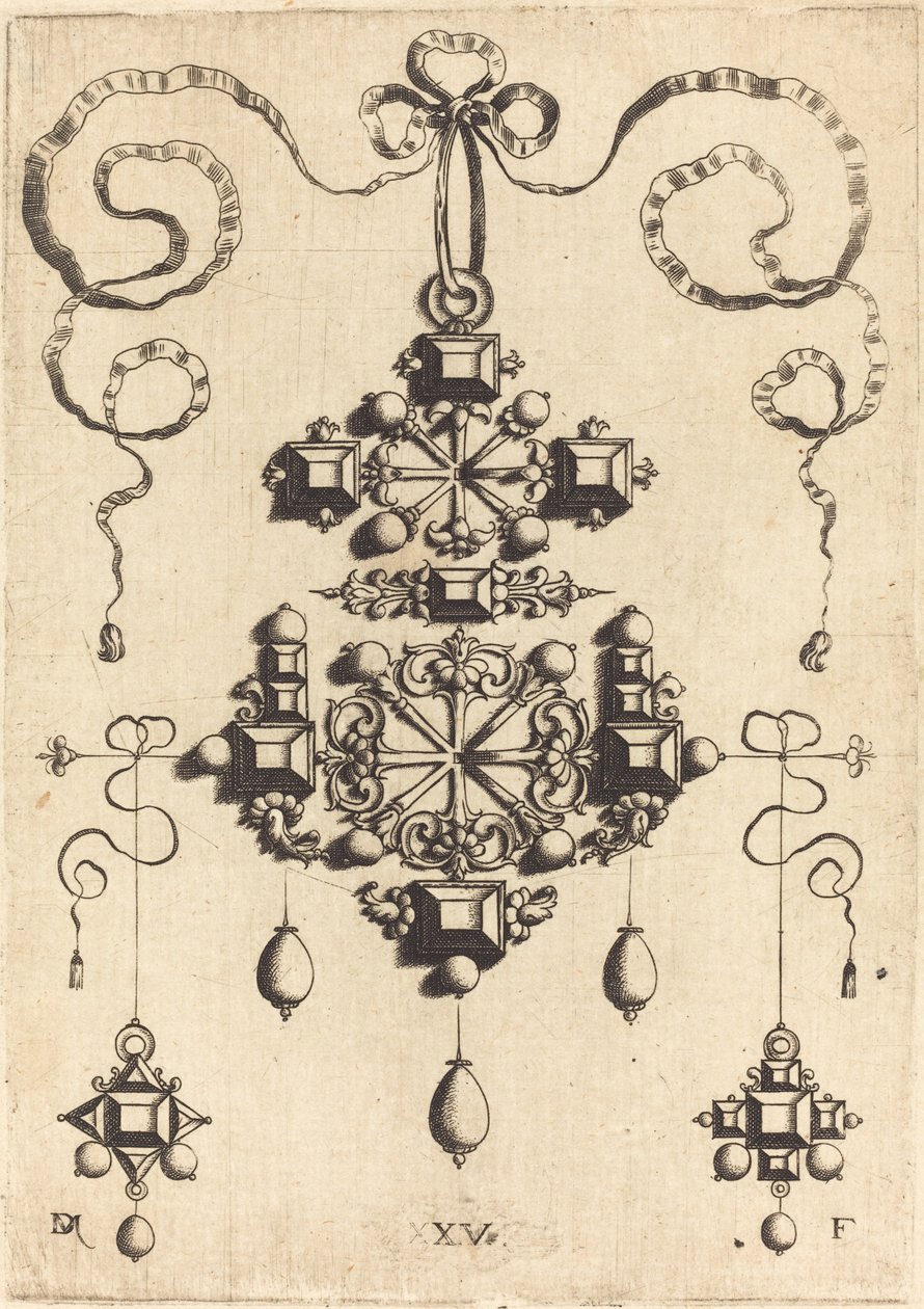 Pendant with Two Double Crosses, Surrounded by Four Diamond-Shaped Stones, Five Table-Stones, and Thirteen Pearls by Daniel Mignot