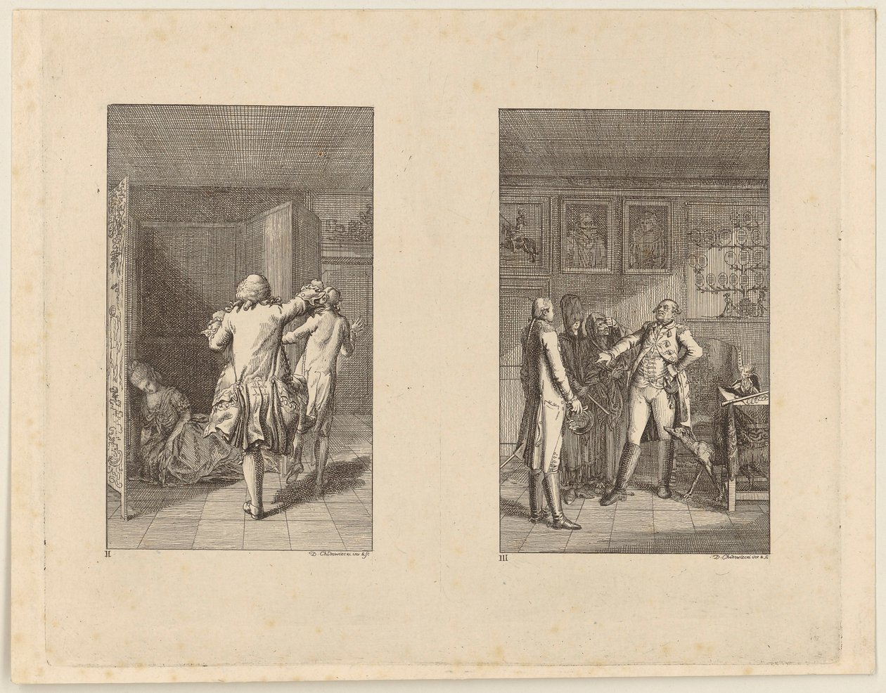 Baron Chases Candide Out of the Castle [left]; Candide, Cunegonde and the Old Woman Before the Governor of Buenos Aires [right] by Daniel Nikolaus Chodowiecki