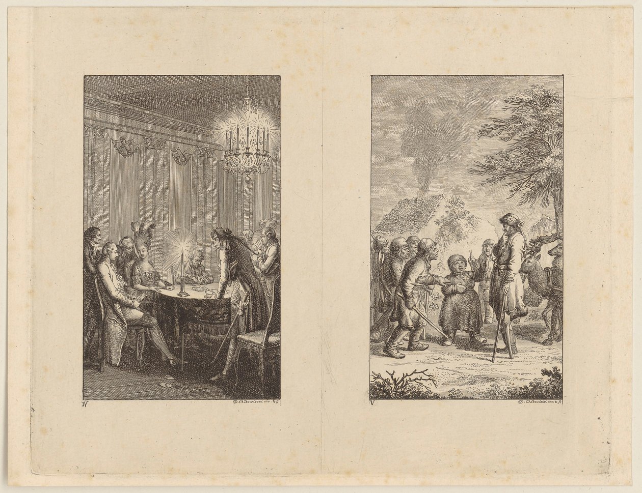Candide with an Actress [left]; Candide in Norway [right] by Daniel Nikolaus Chodowiecki