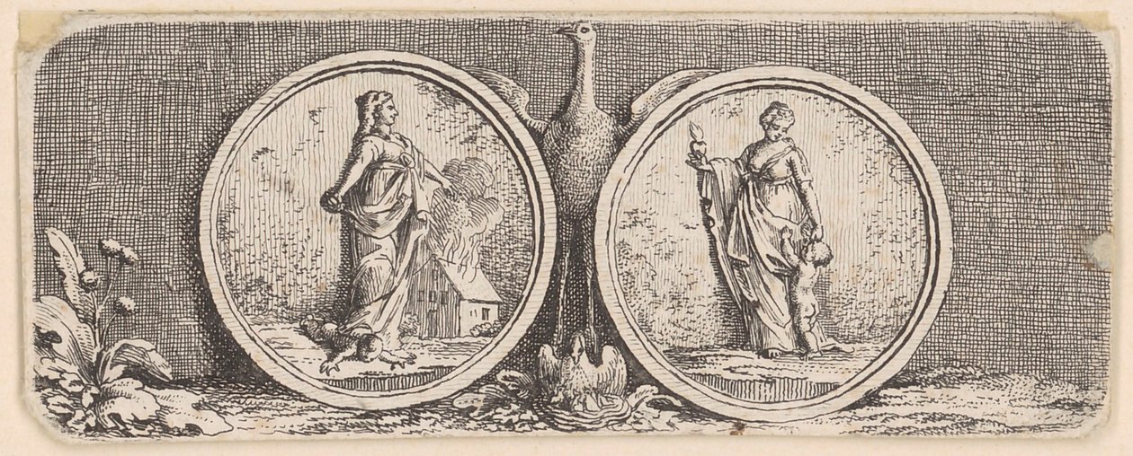 Depiction with Two Medallions, Woman with Foot on a Child and a Burning House, Woman with a Child and a Burning Heart by Daniel Nikolaus Chodowiecki
