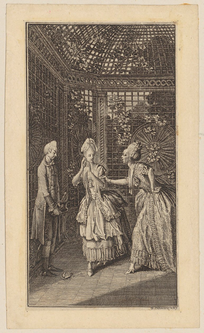 Frau von Hohenauf Surprises Mariane with Infant in the Garden Arbor by Daniel Nikolaus Chodowiecki