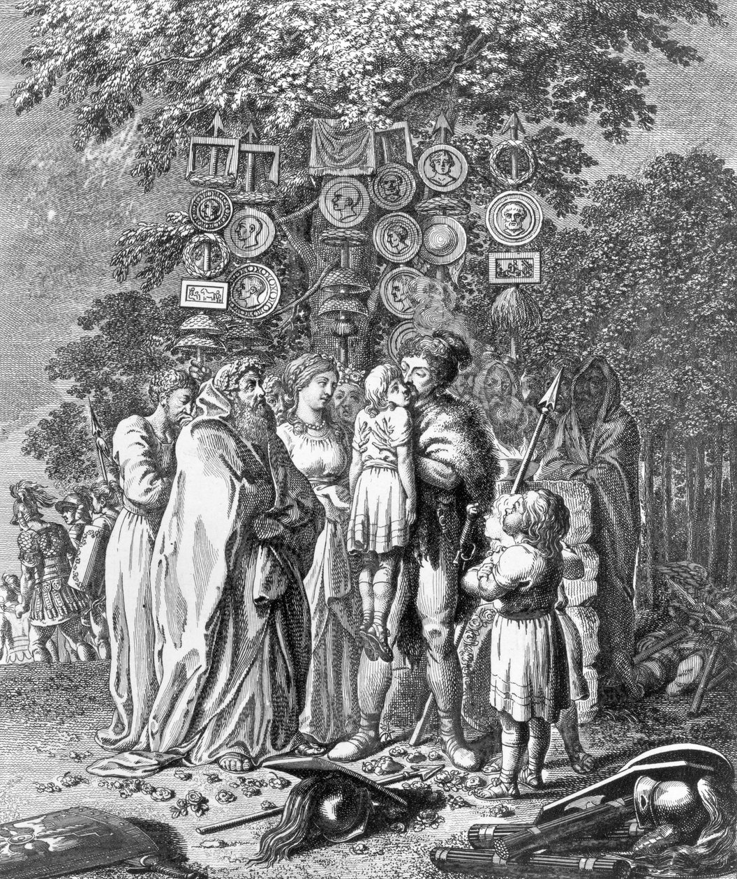 Hermann, in front of a large oak, lifts the wounded sacrificial boy and kisses him. Plate 1 from 