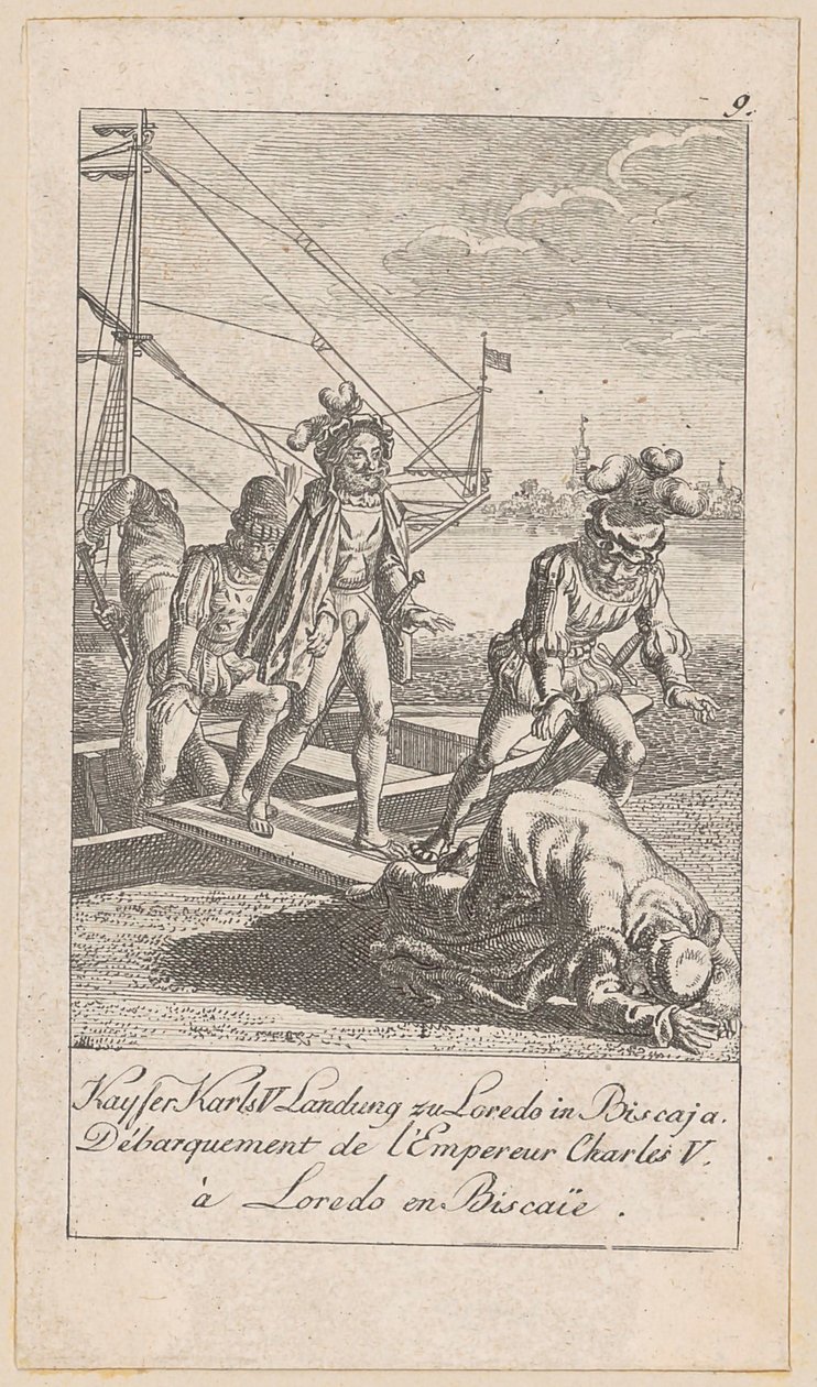 Landing of Emperor Charles V in Biscay, Plate 9 from the series "Older, Middle and Newer History" by Daniel Nikolaus Chodowiecki