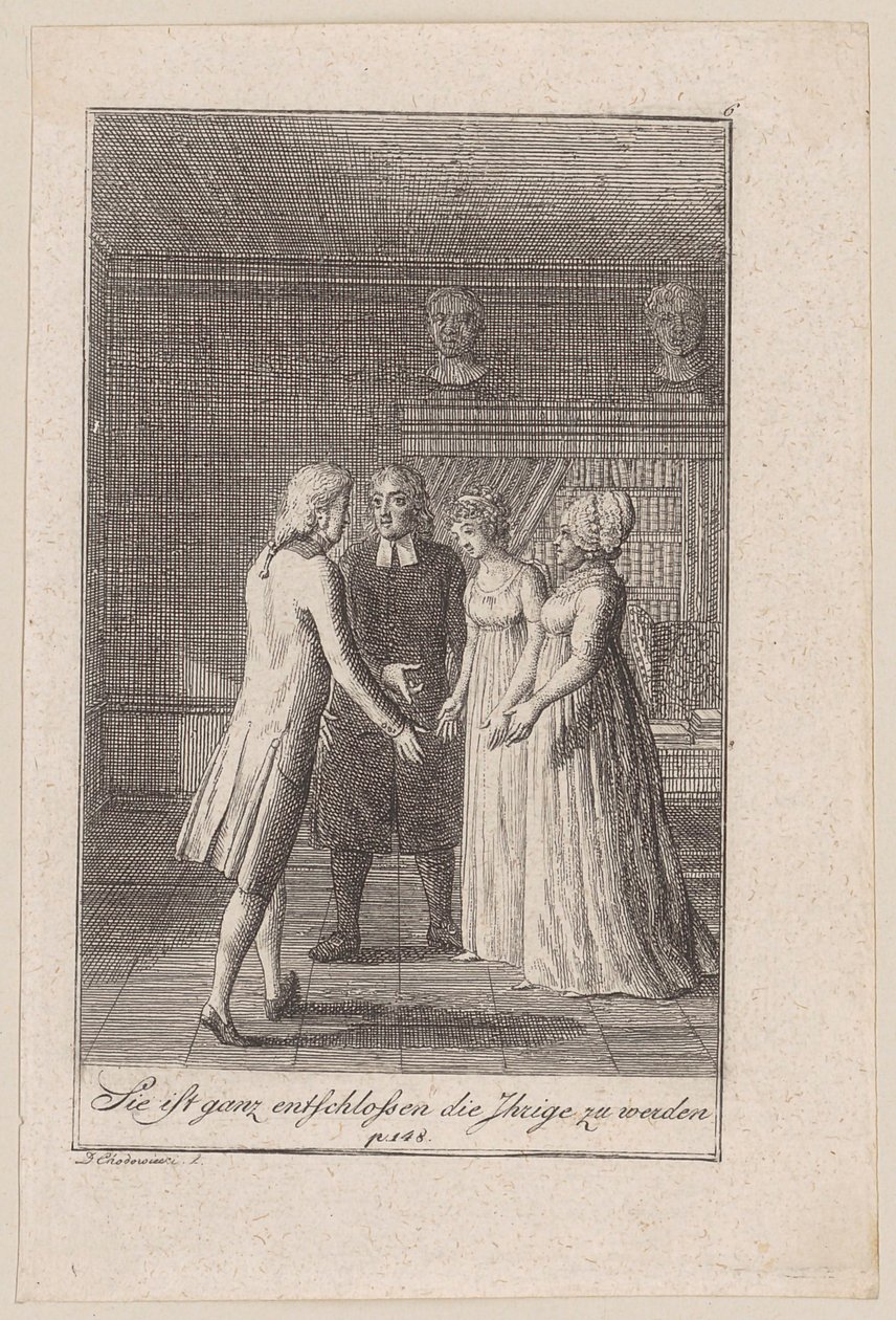 Pastor Sembach Gives Hellberg the Hand of His Daughter Minchen, Plate 6 of the Series "The Call to the City" by Daniel Nikolaus Chodowiecki