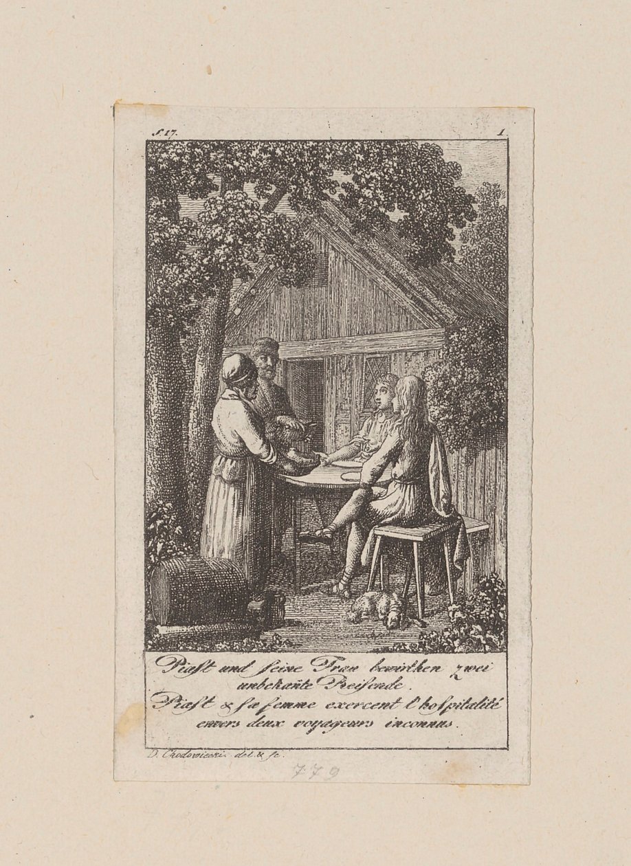 Piast and His Wife Entertain Two Unknown Travelers by Daniel Nikolaus Chodowiecki