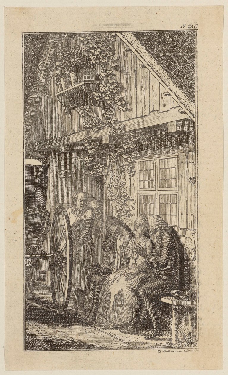 Sebaldus, Mariane and Infant on a Bench in Front of the Farmhouse by Daniel Nikolaus Chodowiecki
