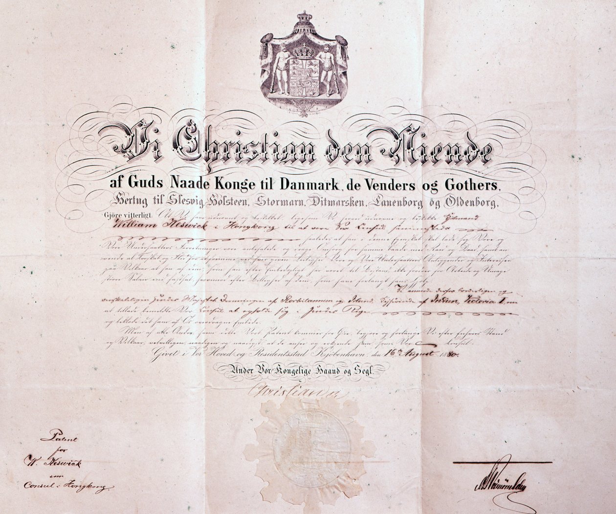 Patent Signed by Christian IX of Denmark Appointing William Keswick as Danish Consul in Hong Kong, China by Danish School