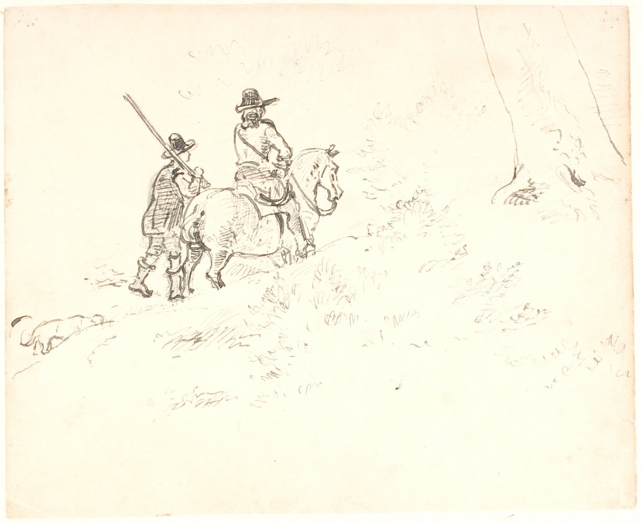 A rider followed by a man on foot, both in old-time attire by Dankvart Dreyer