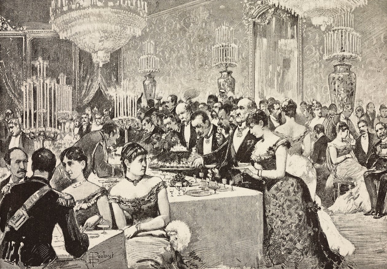 Buffet room, Court ball at Quirinale, Rome, Italy, engraving from drawing by Dante Paolocci by Dante Paolocci