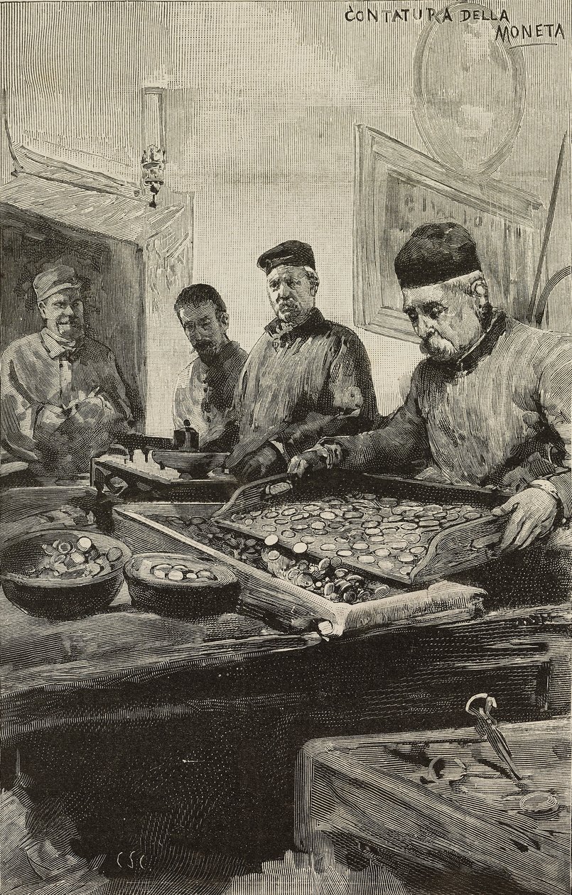 Counting coins in mint of Rome, Italy (engraving) by Dante Paolocci