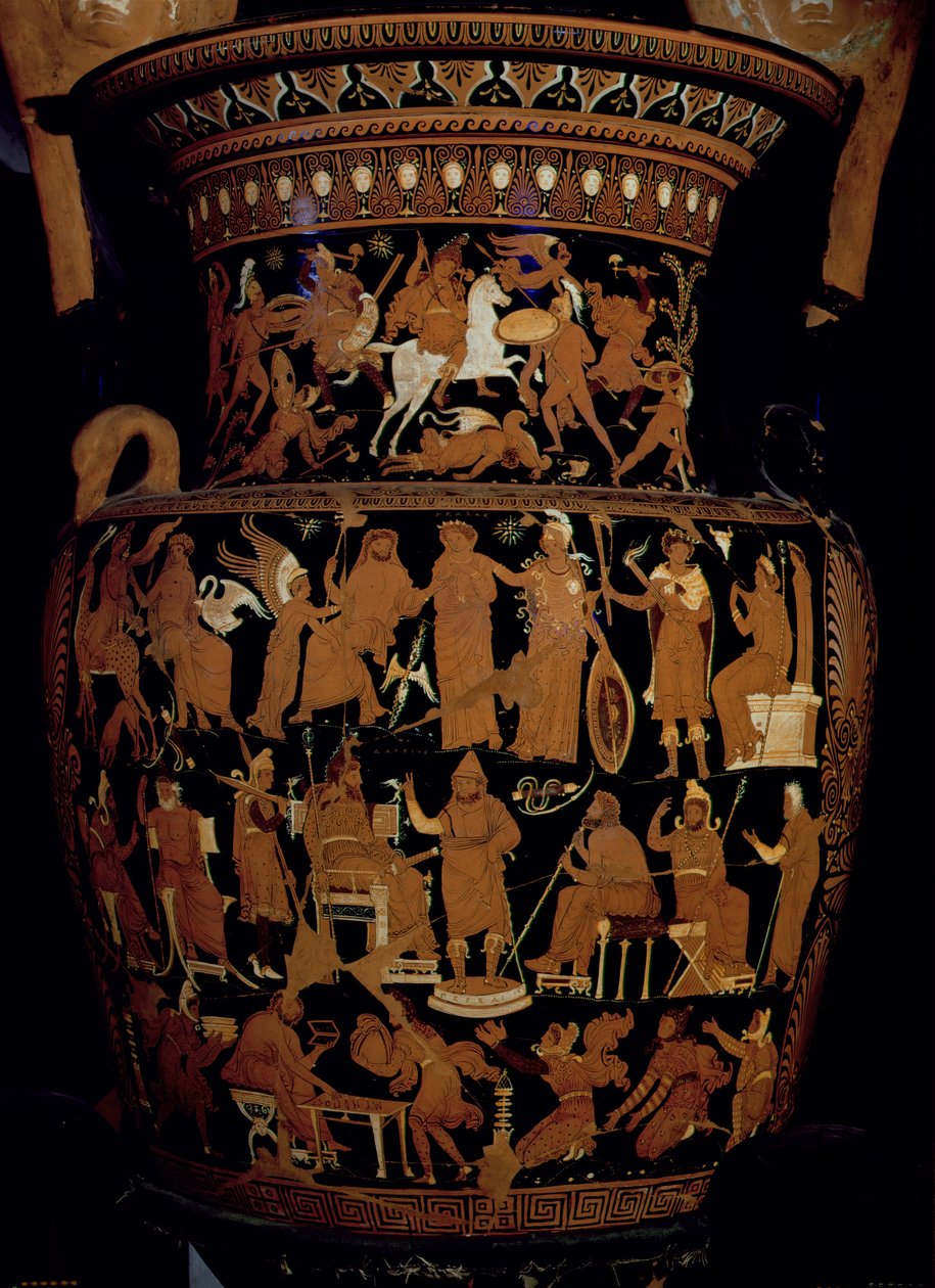 Apulischer rotfiguriger Volutenkrater, dekoriert mit Szenen eines persischen Königs und seiner Berater, die einem Boten zuhören, einer Personifikation von Griechenland und Asien vor Zeus und den Untertanen des Kaisers von Darius Painter
