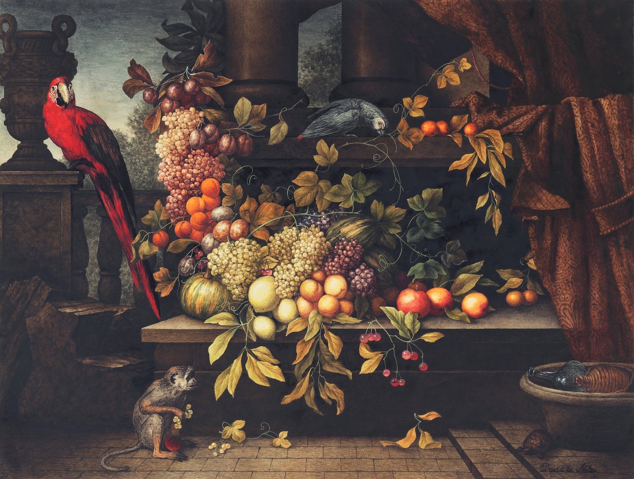 A still life with fruit, wine cooler, monkey, parrots and a turtle in a portico by David Emil Joseph de Noter