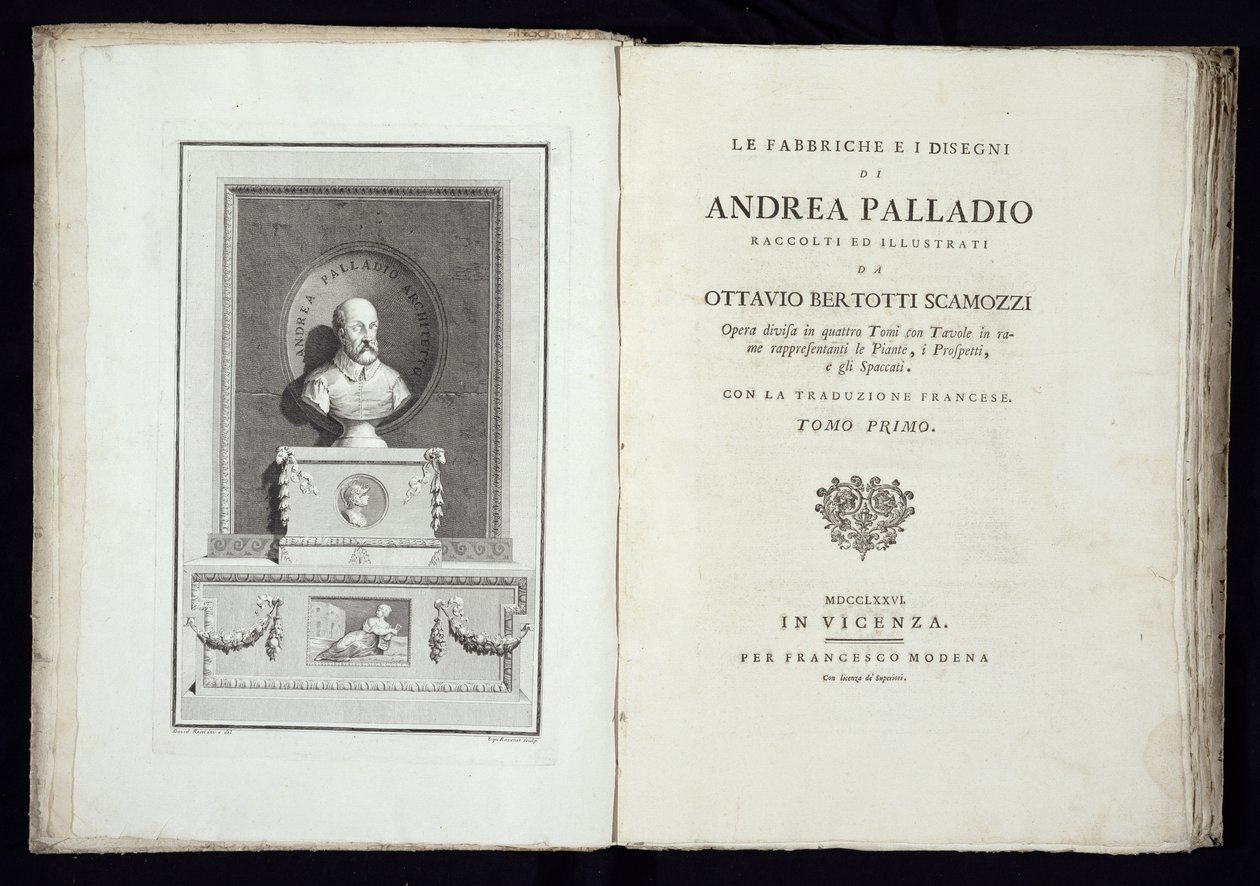 Title page of Le Fabbriche e i Disegni di Andrea Palladio with a portrait of the architect, engraved by Simon Francis Ravenet, published 1776 by David Rossi
