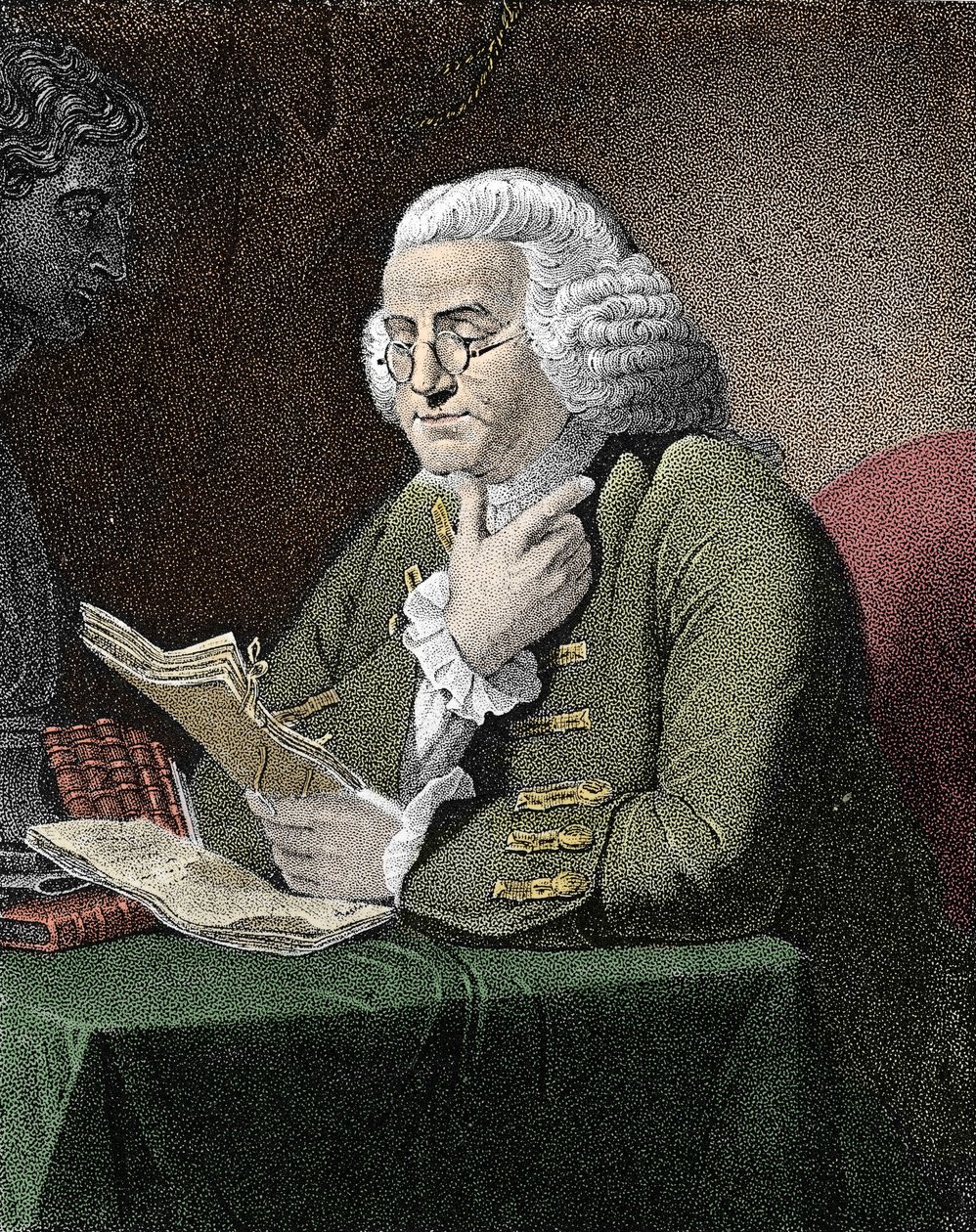 Portrait of Benjamin Franklin, American philosopher, physicist and ambassador. Engraving after a painting by David Martin by David (after) Martin