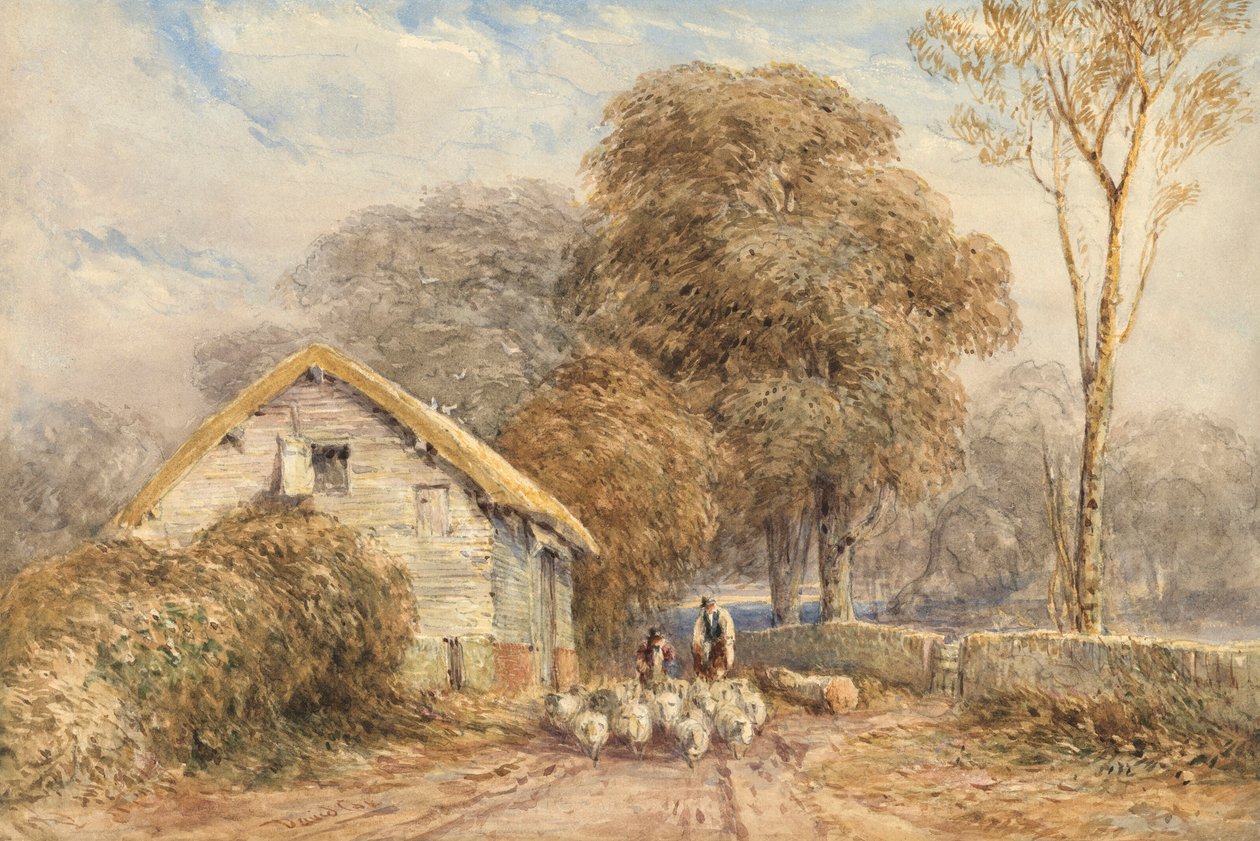 A Traveller on Horseback, with a Shepherd and His Sheep, by a Barn, on a Country Road by David Cox