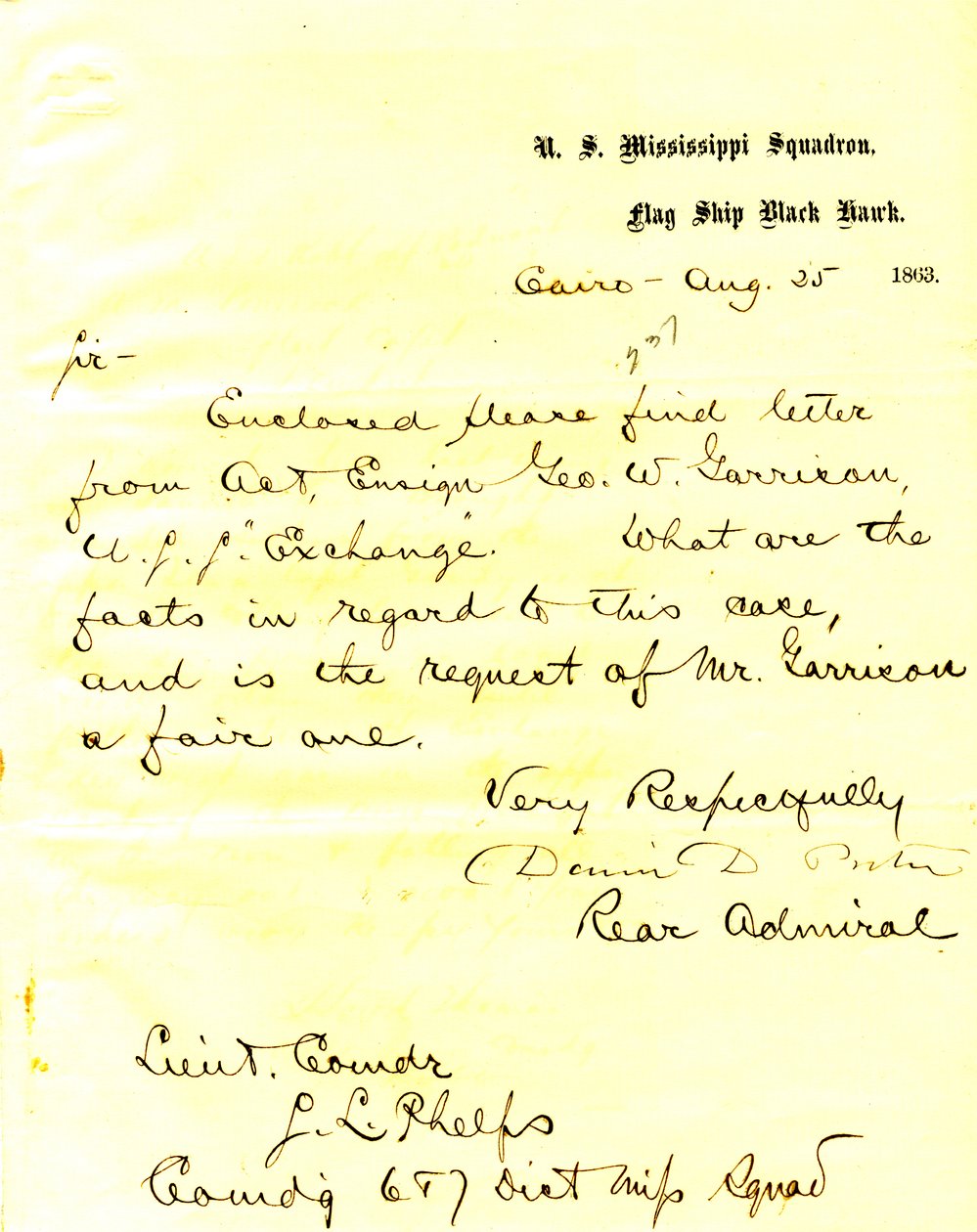 Letter from David D. Porter, U.S.S. Black Hawk, Cairo, Illinois, to Seth Ledyard Phelps, August 25, 1863 by David D. Porter
