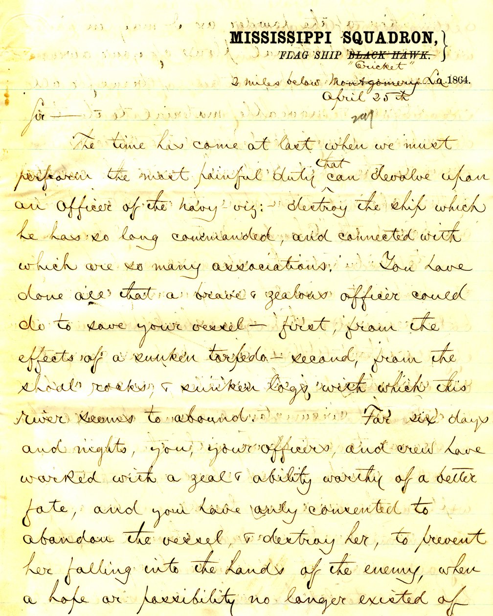 Letter from David D. Porter, U.S.S. Cricket, 2 miles below Montgomery, Louisiana, to Seth Ledyard Phelps, commanding U.S.S. Eastport, 2 miles below Montgomery, Louisiana, April 25, 1864 by David D. Porter