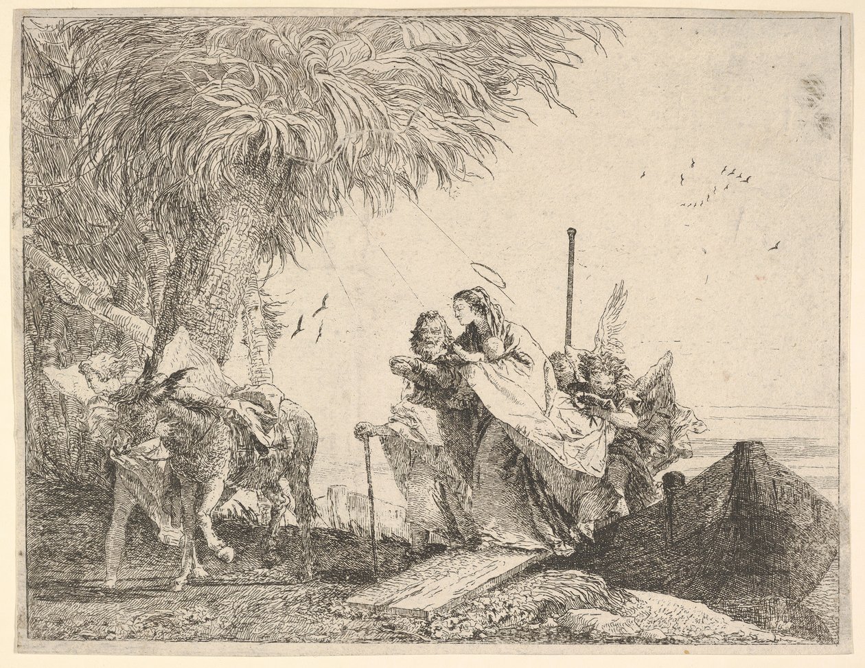 Mary, Helped by Joseph and an Angel, Stepping from a Boat to the Shore, an Angel Steadies by David Giovanni