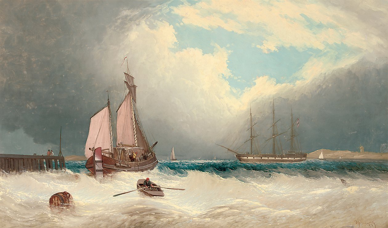 A Barge Running Out of Harbour, a Frigate Riding on Her Anchor Beyond by David James