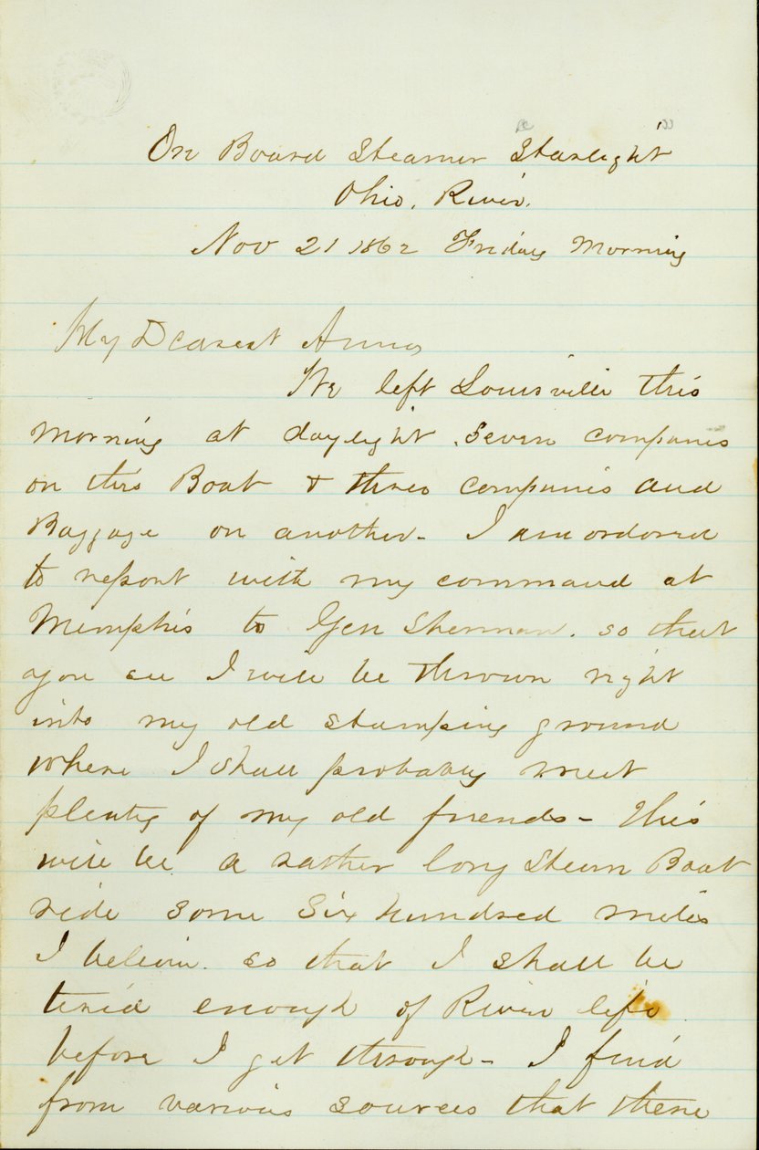 Letter from D. P. Grier, on board Steamer Starlight, Ohio River, to Anna McKinney, November 21, 1862 by David Perkins Grier