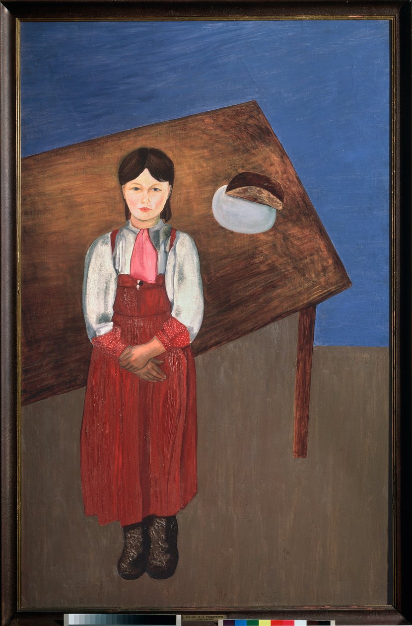 Aniska. (Portrait of a Melancholic Little Girl at a Table). Painting by David Petrovich Sterenberg (1881-1948) by David Petrovich Sterenberg