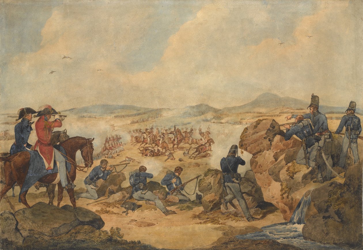 An action during the Peninsular War, with riflemen of 95th (Rifle) Regiment acting as snipers by Denis Dighton