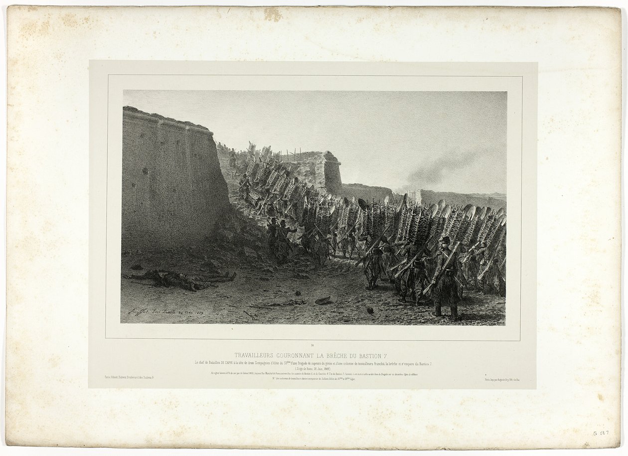 Workers Crowning the Breach of Bastion 7, from Souvenirs d’Italie: Expedition to Rome by Denis Auguste Marie Raffet
