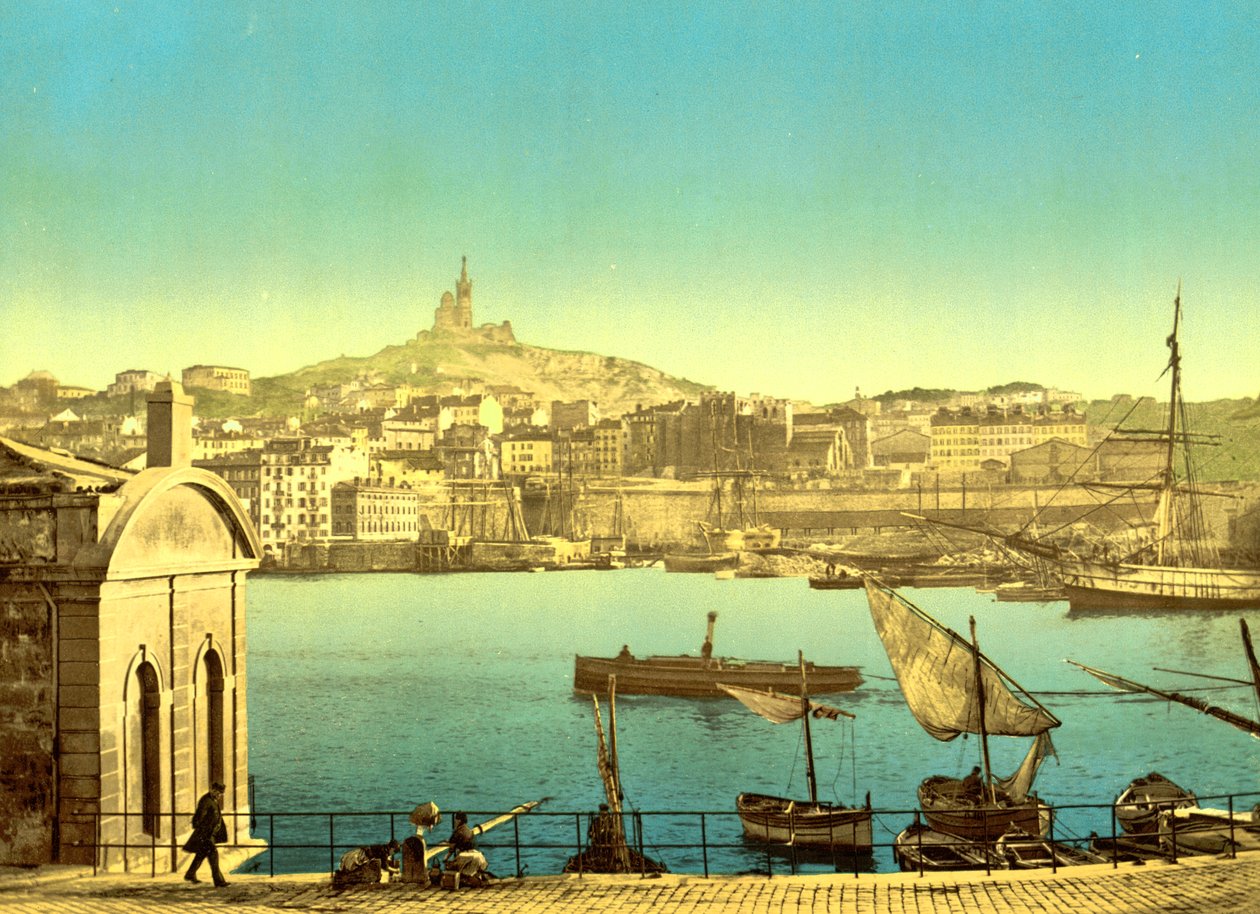 Notre Dame de la Garde from Quai de la Joilette, Marseilles, c.1890-1900 by Detroit Publishing Co.