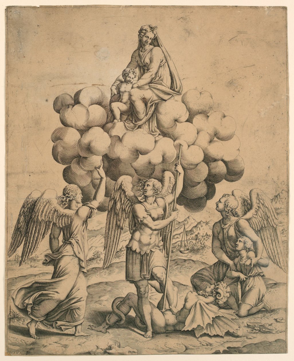 The Archangels Michael, Gabriel, and Raphael Adoring the Madonna and Child by Diana Mantuana