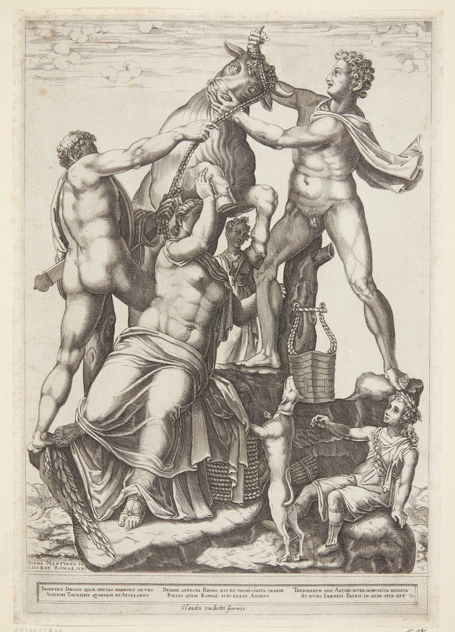 Amphion and Zethus Binding Dirce to a Wild Bull by Diana Scultori