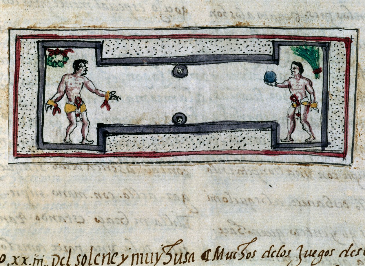 Aztecs Playing Game of Pelota, Miniature from History of Indies (Historia de las Indias) by Diego Duran (1537-1588), Manuscript from 1579 by Diego Duran