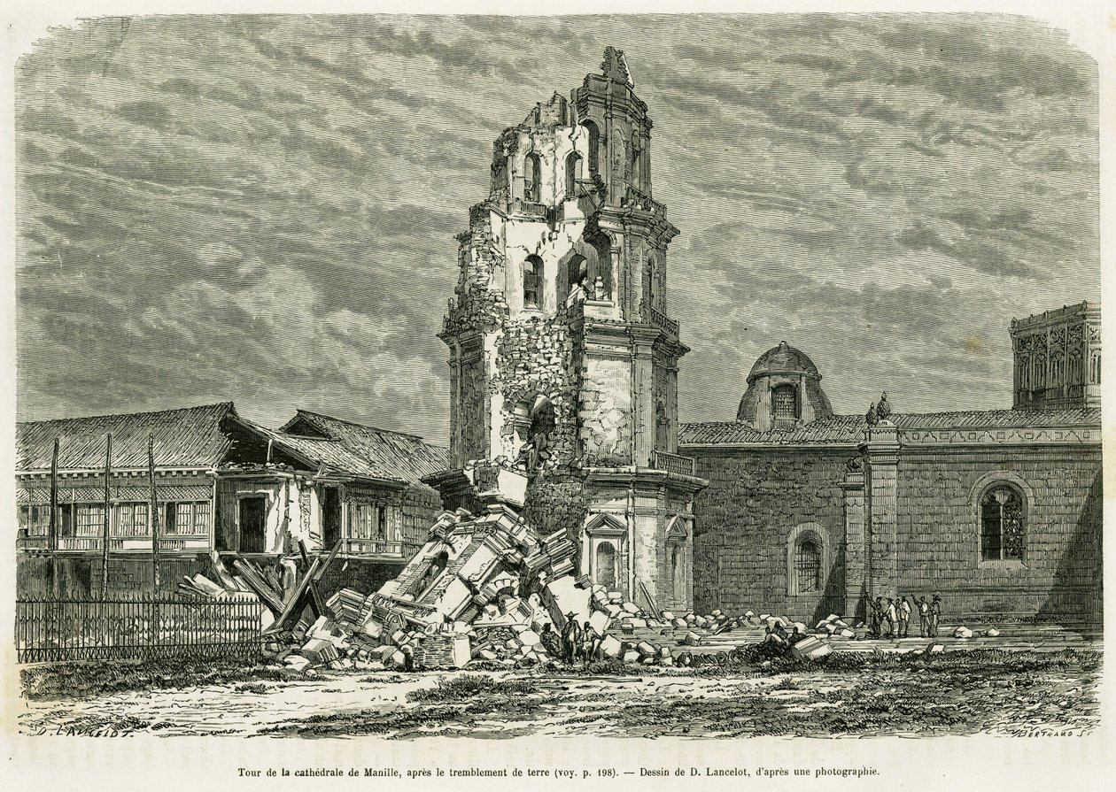 Tower of the Cathedral of Manila, After the Earthquake on July 18, 1880. Engraving by Lancelot to Illustrate the Story 