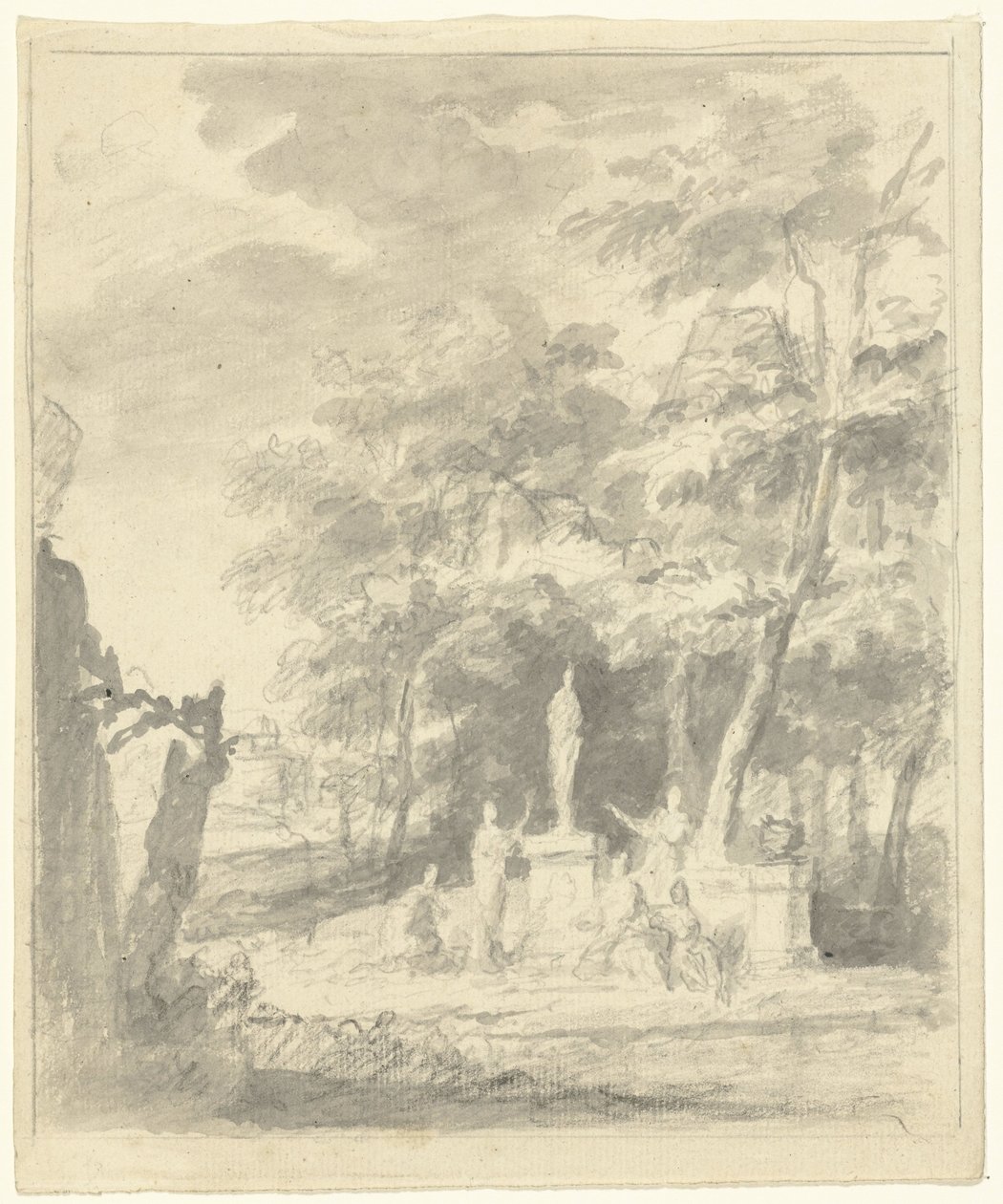 Arcadian Landscape with Figures Around a Statue by Dionys van Nijmegen (possibly)