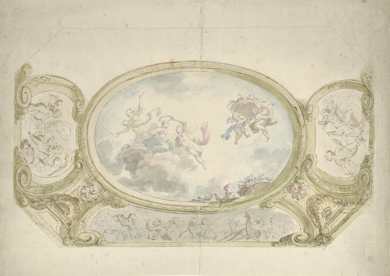 Design for a Ceiling Painting: Oval with Allegorical Scene, Surrounded by Scenes with Putti by Dionys van Nijmegen (possibly)