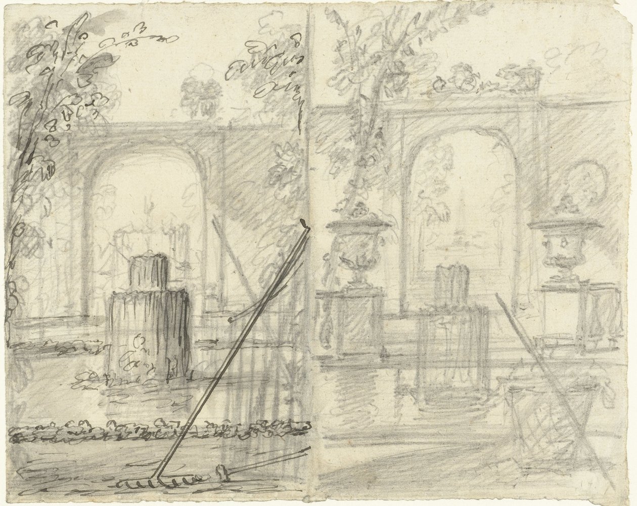 Two Designs for a Garden View with Fountain and Garden Tools in the Foreground by Dionys van Nijmegen (possibly)