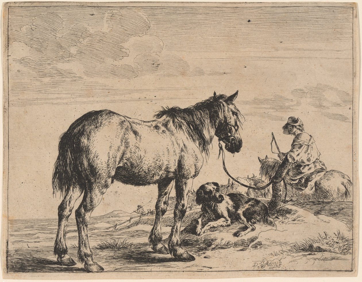 A Horse Bound to a Post with a Reclining Dog by Dirck Stoop