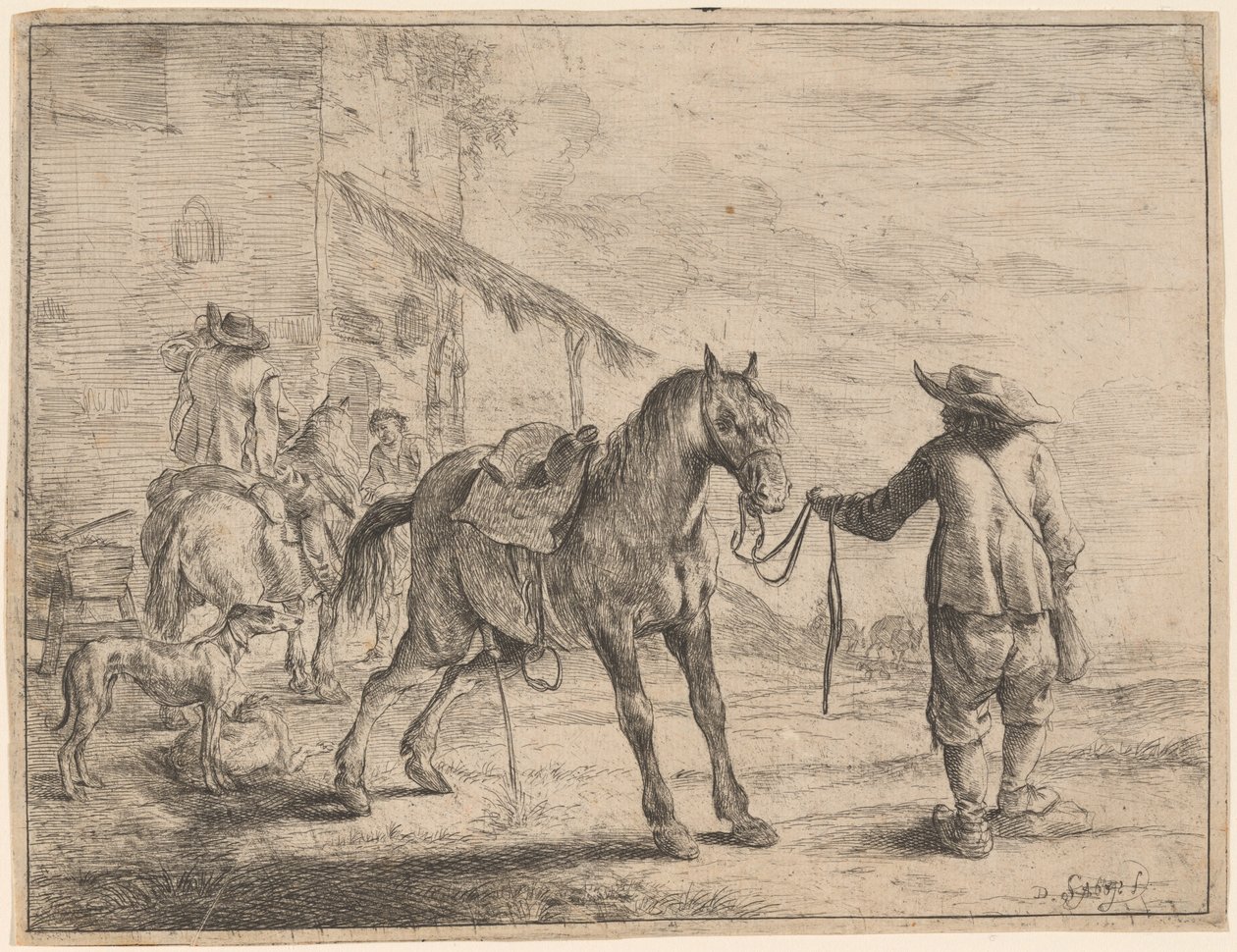 A Pissing Horse Held by a Man by Dirck Stoop