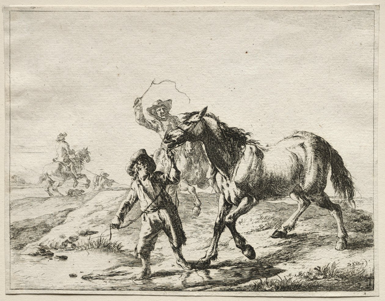 A boy taking a horse to drink by Dirck Stoop