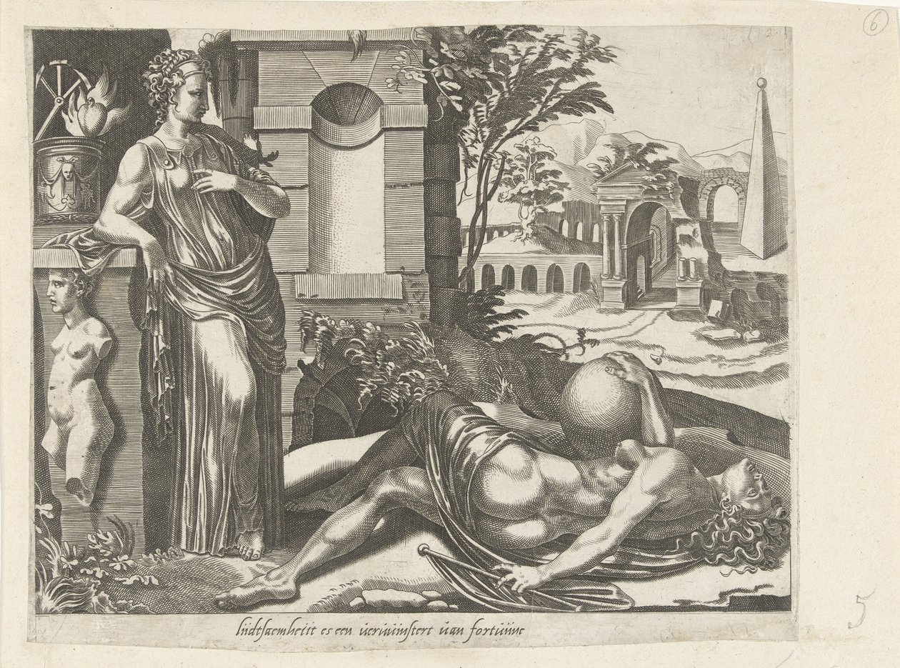 Fortune Does Not Favor Those Who Fall Asleep; Patience as the Victor of Fortune (Proverbs about Fortuna) by Dirck Volckertsz. Coornhert (attributed to)