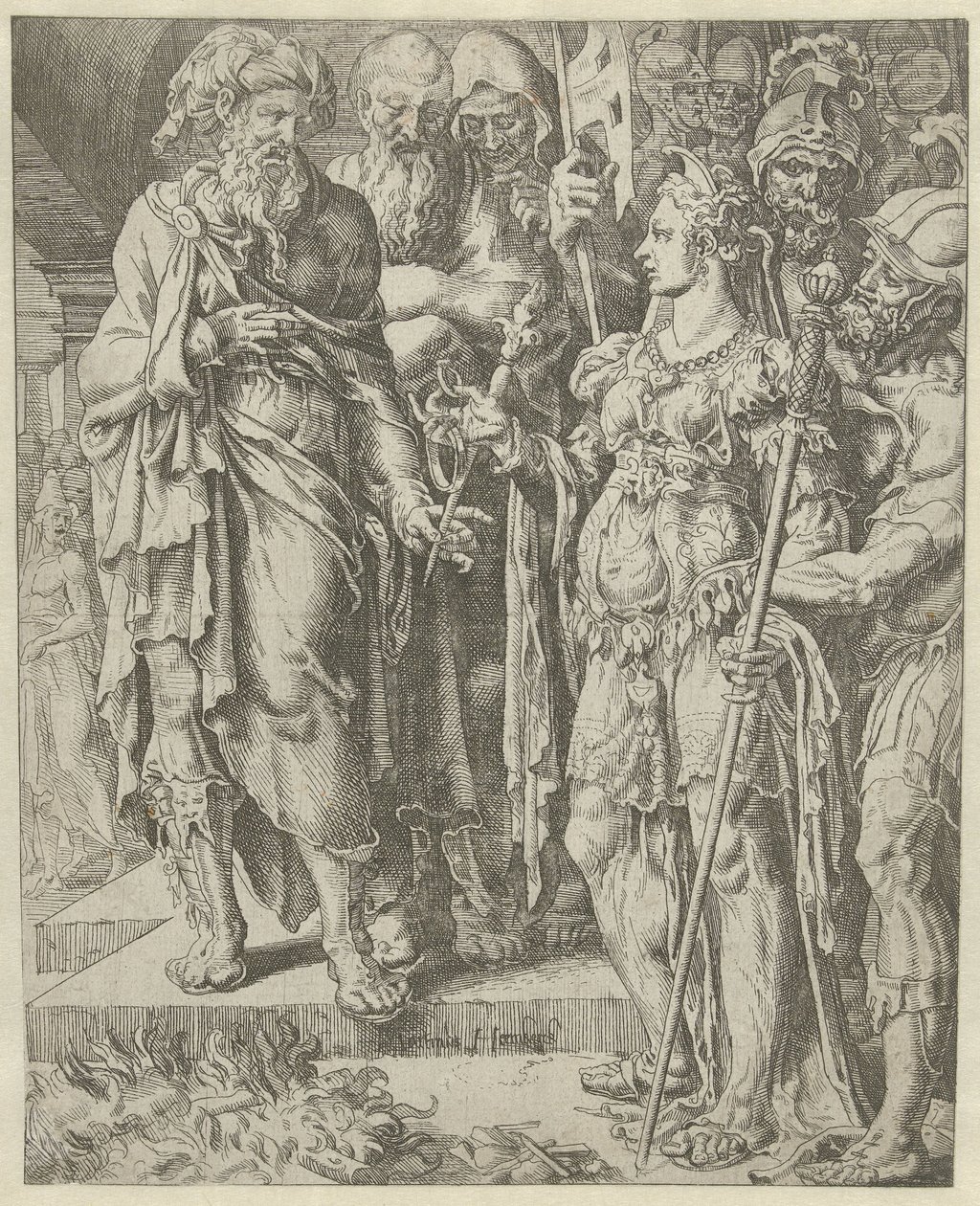 Tamar Shows the Pledge (series title: History of Judah and Tamar) by Dirck Volckertsz. Coornhert (attributed to)
