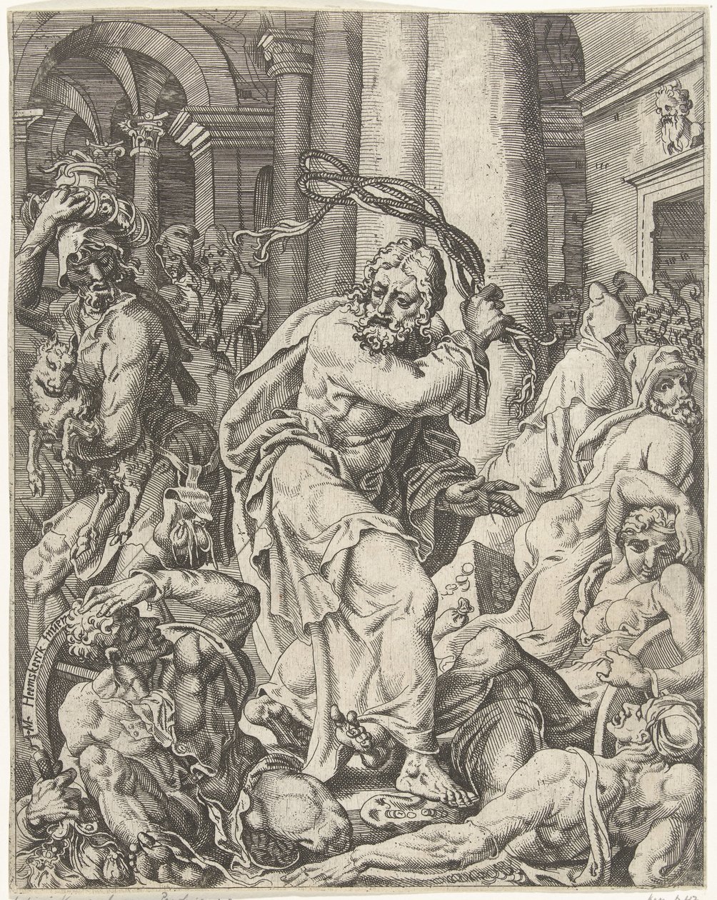 Expulsion of the Money Changers from the Temple (series title: The Fall and Redemption of Mankind through the Life and Passion of Christ) by Dirck Volckertsz. Coornhert (attributed to)