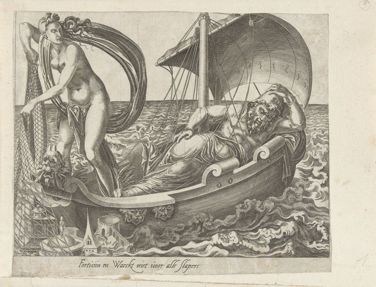 Fortune Does Not Favour Those Who Fall Asleep; Patience as the Victor of Fortune (Proverbs about Fortuna series) by Dirck Volckertsz. Coornhert