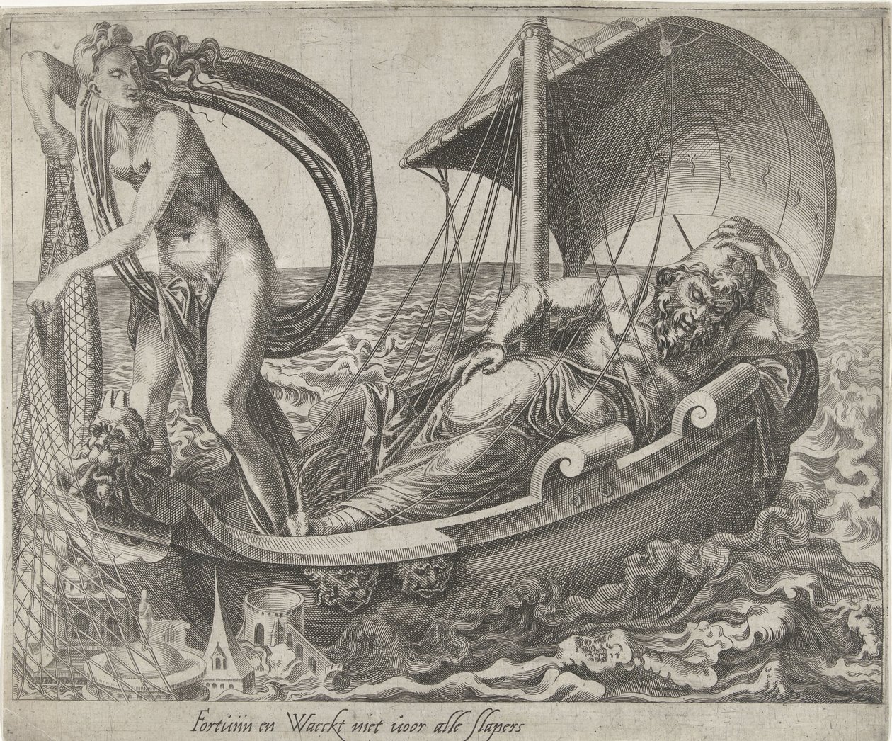 Not Every Idler is Lucky (title on object: Fortune and Does Not Watch Over All Sleepers) (series title: Proverbs About Fortuna) by Dirck Volckertsz. Coornhert