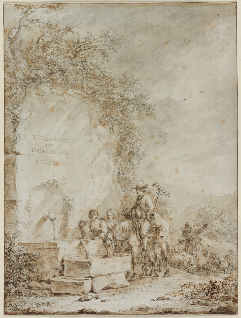 Frontispiece for an Album of Drawings: Peasants at a Fountain (recto) by Dirk Langendijk